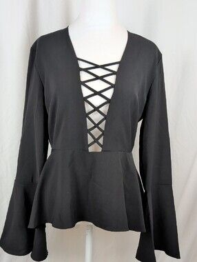 NWOT DO+BE Black Lace-Up Criss Cross V-Neck Bell Sleeve Peplum Top L Large
